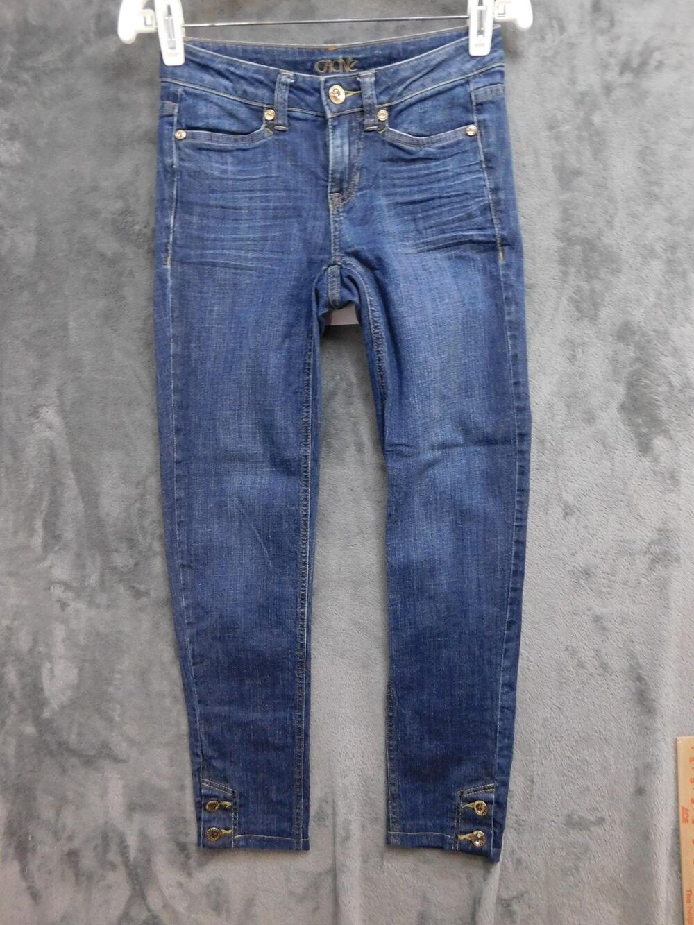 Cache Jeans Womens 0 Blue Skinny Slim Stretch Rhinestone Button 28 Inseam